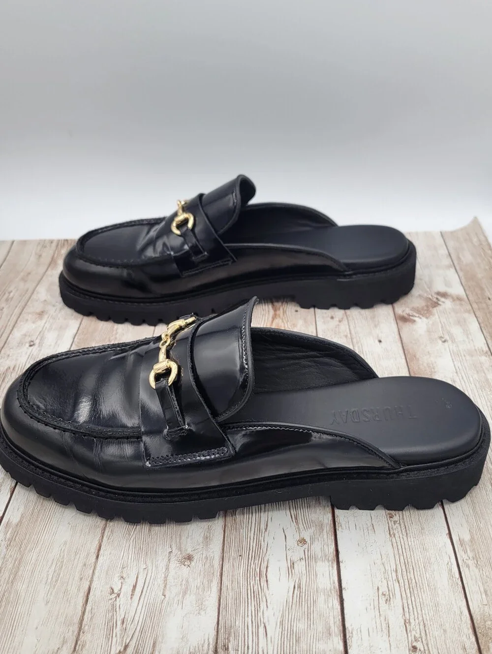 Thursday Leather Black Penny Mule Gold Hardware Women's Size 10 - Picture 10 of 16
